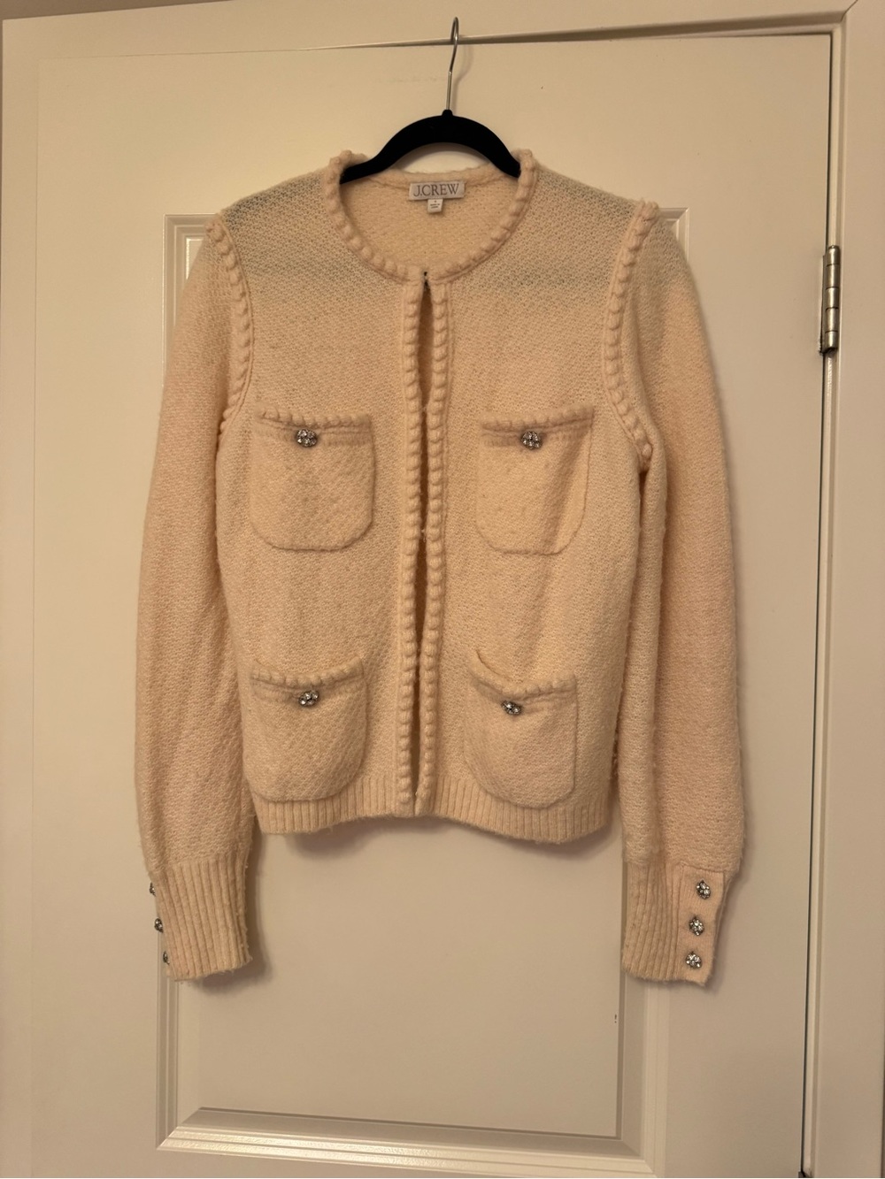 J. Crew Cream Bouclé Pocket Cardigan with Rhinestone Buttons